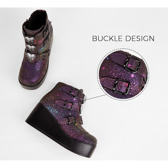 Lucky Step Women Navy Reflect Round Toe Zipper Wedges High Heel Rave Buckle Boot - Picture 5 of 9